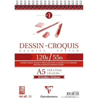 Obrázek Clairefontaine 96616C kreslicí blok s dvojitou spirálovou vazbou, 50 listů kreslícího a skicovacího papíru, 125 g, ideální na cesty, DIN A5, 14,8 x 21 cm, bílý, 1 kus