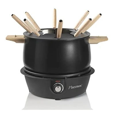 Obrázek Bestron Elektrická sada na fondue až pro 8 osob, s vidličkami a plynulým termostatem, vč. ochrany proti postříkání, barva: černá/dřevo