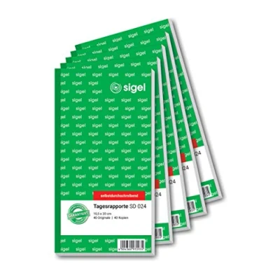 Obrázek SIGEL SD024/5 denní rapport 10,5 x 20 cm, 2 40 listů, propisující, balení po 5, z udržitelného papíru
