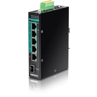 Obrázek TRENDnet TI PG541 5portový tvrzený průmyslový gigabitový PoE + DIN lištový přepínač, 120W rozpočet na výkon, 1 x SFP zásuvka, nespravovaný ethernetový přepínač s jmenovitým výkonem IP30