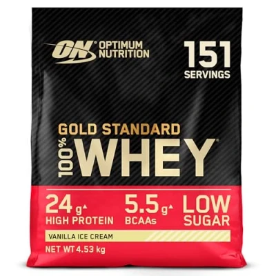 Obrázek Optimum Nutrition Gold Standard 100% syrovátkový proteinový prášek pro růst a regeneraci svalů s přirozeně se vyskytujícím glutaminem aminokyselinami BCAA, vanilkový ledový krém, 151 porcí, 4,53 kg