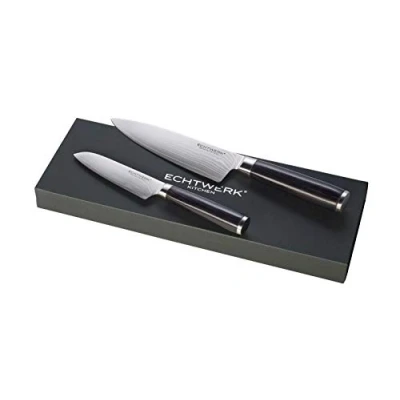 Obrázek Echtwerk Sada damaškových nožů, 2dílná sada, kuchařský nůž/kuchyňský nůž, nůž Santoku / tradiční japonský damašková ocel, hladký brus, ergonomické rukojeti na nože ze dřeva Pakka, úložný box