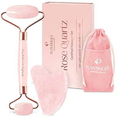 Obrázek Plantifique Rosenquarz Roller und Gua Sha Stein Natürlicher Guasha Gesichtsroller Gesichtsmassage Für Augenschwellungen Hautstraffung von Gesicht Face Massager