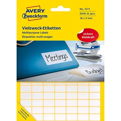 Obrázek Avery Zweckform 3311 samolepicí etikety do domácnosti (16 x 9 mm, 2 646 nálepek na 27 archech, víceúčelové pro domácnost, školu a kancelář k popisování označování) prázdné, bílé