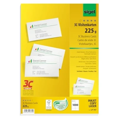 Obrázek SIGEL LP797 vizitky s možností potisku 3C, 1000 kusů (100 listů), vysoce bílé, hladký střih po celém obvodu, 225 g, 85 x 55 mm