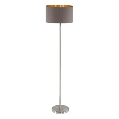 Obrázek EGLO stojací lampa Maserlo, 1 plamenná textilní lampa, z oceli a látky, barva: matný nikl, cappuccino, zlatá, objímka: E27, vč. stupacího spínače