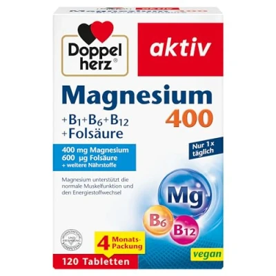 Obrázek Doppelherz hořčík 400 + B1 B6 B12 kyselina listová podporuje normální svalovou funkci a energetický metabolismus 120 veganských tablet