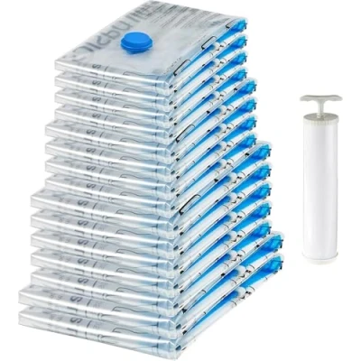 Obrázek Amazon Basics Vakuové pytle na oblečení se vzduchotěsným ventilem a ruční pumpičkou 2x X Jumbo, 5x 4x velké, středně 15dílné balení, zip, transparentní