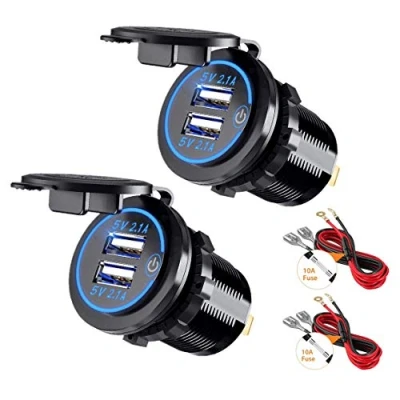 Obrázek Thlevel 2 kusy USB nabíječky do auta zásuvka 5 V 4,2 a rychlé nabíjení s LED indikátorem vodotěsná prachotěsná pro 12 až 24 vozidla, čluny, motocykly, SUV, autobus, nákladní vůz, karavan,