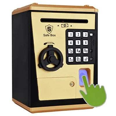 Obrázek Fimleiy Dětský trezor, chrání tajemství pomocí kódu, automatický podavač not, ověřitelná doba otevírání, pokladnička s potvrzením otisku prstu, veselý dárek pro děti od 6 let. (zlatá)