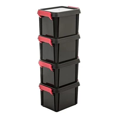 Obrázek Iris Ohyama, Plastový úložný box, 2litrový 4dílná sada, stohovatelný, MBX 2, černý, uzavírací svorky? Š 22,5 x H 17 V 14,5 cm