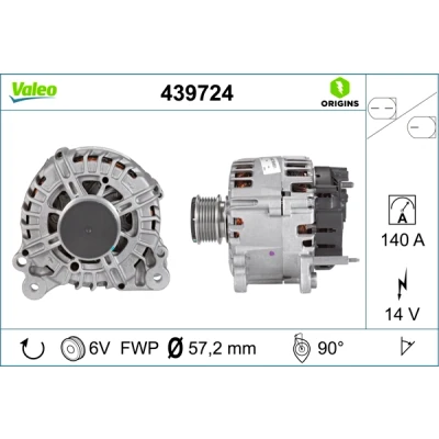 Obrázek VALEO 439724 generátor nabíjecí proud generátoru: 140 Amp žeber: 6 žeber řemenice Ø: 57,2 mm Napětí: 14 V Směr otáčení: CLOCKWISE