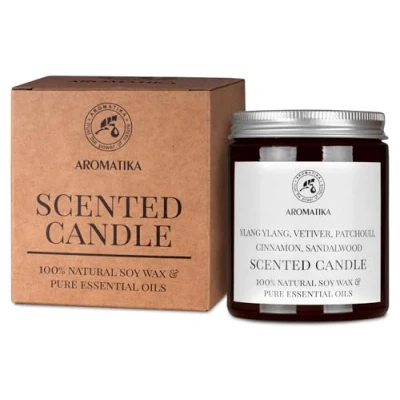 Obrázek Vonná svíčka s éterickým olejem Ylang &amp; Vetiver Pačuli skořice a santalové dřevo 150 g aromaterapie sójový vosk aroma přírodní na doma nápad narozeniny