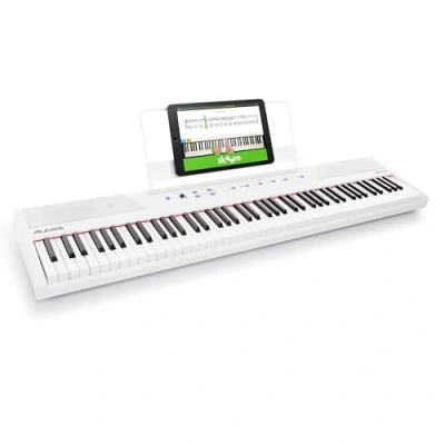 Obrázek Alesis Recital E Piano 88 kláves pro začátečníky s vyváženým klavírem v plné velikosti, reproduktory, pět prémiových hlasů, výstup sluchátka, předplatné na klavír, bílé