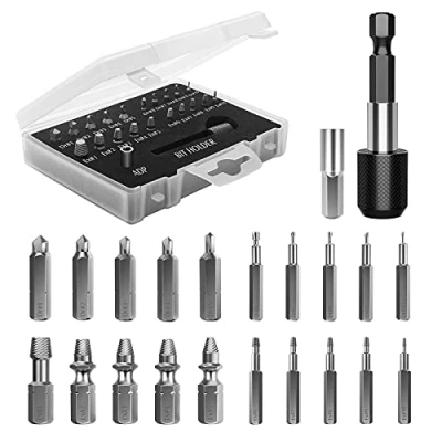 Obrázek Nuovoware Sada vytlačovačů šroubů, 22PCS Broken Screw Extractor Kit s magnetickým prodlužovacím držákem bitů a adaptérem na podstavec, rychlořezné oceli, odstraňovač šroubů pro šrouby, černá