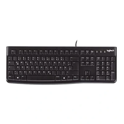 Obrázek Logitech K120 Kabelová klávesnice pro Windows, USB přípojka, tiché psaní, robustní, ochrana proti stříkající vodě, nastavitelný stojan na klávesnici, švýcarské rozložení qwertz černá