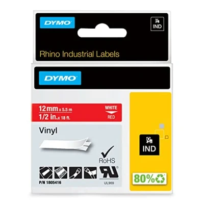 Obrázek DYMO Průmyslové vinylové etikety Rhino 12 mm x 5,5 m bílé na červené samolepicí páska pro popisovací přístroj a LabelManager