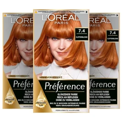 Obrázek L&#039;Oréal Paris Permanentní barva na vlasy, sada barvení vlasů s barvením a lesklým balzámem, Préférence, 7.4 měděná blond, 3 ks