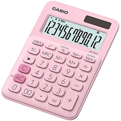 Obrázek CASIO Stolní kalkulačka MS 20UC PK, 12místná, v trendových barvách, výpočet řízení, přepočet času, solární provoz na baterie, 2,3 x 10,5 14,95 cm