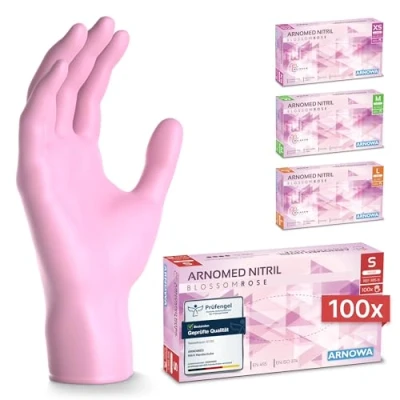 Obrázek ARNOMED rukavice na jedno použití růžové, 100 kusů/krabice, jednorázové S, nitrilové rukavice, bez pudru, gumové latexu, k dispozici ve XS, M