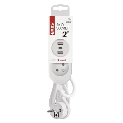 Obrázek EMOS Zásuvková lišta s USB, 2násobná vícenásobná zásuvka A 3x USB port, 2 metry prodlužovací kabel, 2x + 1x přípojka C, max. 3,4 nabíjecí proud, zvýšená ochrana proti dotyku, IP20 pro