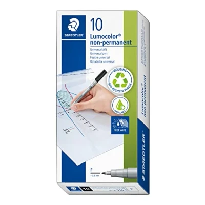 Obrázek STAEDTLER Fóliové pero non permanentní Lumocolor, černé, rozpustné ve vodě, Made in Germany, dlouhá životnost, špička F s šířkou čar cca 0,6 mm, 10 černých univerzálních kolíků v kartonovém pouzdře,
