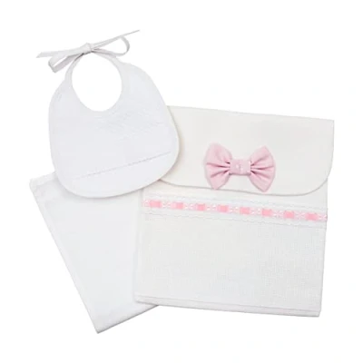 Obrázek Filet Trageset, Bestehend aus einer Tasche mit Aida Einsatz, Waschlappen und Lätzchen zum Besticken, Geschenkidee für werdende Eltern, 100% Baumwolle, Made in Italy, Weiß Rosa