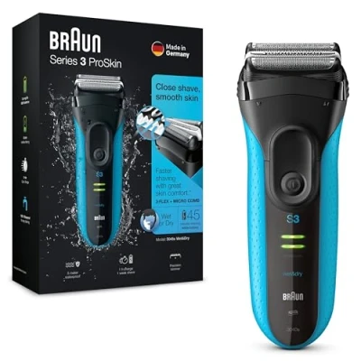 Obrázek holicí strojek Braun Series 3 ProSkin 3040s, s přesným zastřihovačem, dobíjecí a bezdrátový pro muže ženy, černá / modrá