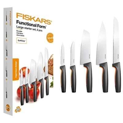 Obrázek Fiskars Sada kuchyňských nožů, 5dílná, funkční tvar, včetně kuchařského nože (velké), na zeleninu, nůž rajčata, Santoku, kuchařský a chléb, japonská ušlechtilá ocel/plast, 1057558