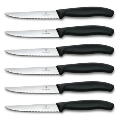 Obrázek VICTORINOX Swiss Classic, profesionální sada steakových nožů, 6dílná, extra ostrá čepel, vlnitý brus, 11 cm, robustní plastová rukojeť, nerezová ocel, černá