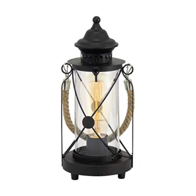 Obrázek EGLO stolní lampa Bradford, 1 plamenná vintage lampa, lucerna, na noční stolek z oceli, barva: černá, sklo: čirá, objímka: E27, vč. vypínače
