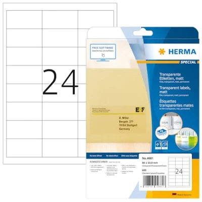 Obrázek HERMA 4681 Fóliové etikety odolné vůči povětrnostním vlivům transparentní, 25 listů, 66 x 33,8 mm, 24 archů A4, 600 kusů, samolepicí, lze potisknout, matné, prázdné lepicí z fólie, průhledné