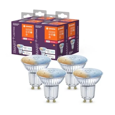 Obrázek LEDVANCE Smart+ reflektorová žárovka s technologií ZigBee, 4,9 W, PAR16, barva světla RGBW nastavitelná, patice GU10, balení po 4, bílá
