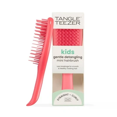 Obrázek Tangle Teezer Mini, ultimativní kartáč na vlasy Detangler, šetrný k mokrým vlasům, štětiny 2 úrovních a komfortní rukojeť, ideální pro děti cestování, redukuje uzly lámání vlasů, barva: Pink