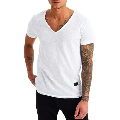 Obrázek Leif Nelson pánské letní tričko s výstřihem do V Slim Fit podíl bavlny moderní mikina kapucí krátký rukáv LN6280, bílá