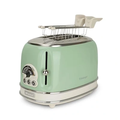 Obrázek Ariete Vintage 155, 2kotoučový toustovač, retro toustovač se 6 stupni toustování, automatické vyhazování, funkce rozmrazování, vyjímatelná přihrádka na drobky, kryt z ušlechtilé oceli, sendvičovými