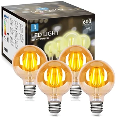 Obrázek Aigostar LED E27 vintage žárovka 6 W (nahrazuje 48 W), 600 lumenů, teplá bílá 2200 K, vyzařovací úhel 300, G80 Edison lampa Filament Retro jantar bez blikání, CRI&gt;80, 4 kusy