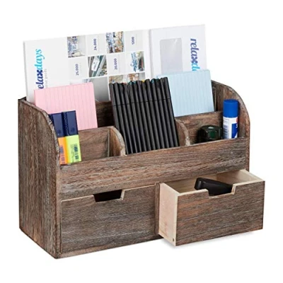 Obrázek Relaxdays Organizér na psací stůl, 6 přihrádek, 2 zásuvky, kancelář, držák dokumentů ze dřeva, V Š x 25 36,5 15 cm, tmavě hnědá