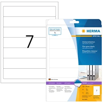 Obrázek HERMA 8620 Etikety na hřbety pořadačů krátké úzké, 10 listů, 192 x 38 mm, 7 arch A4, 70 kusů, samolepicí, potisknutelné, neprůhledné, prázdné papírové štítky pořadače zadní stranu