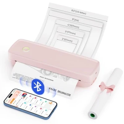 Obrázek MUNBYN mobilní tiskárna Bluetooth termální A4 203DPI Inkless Printer kompatibilní s Android a iOS pro telefony laptopy, podpora 210x297mm Thermopapír, přenosný, ITP04, růžová