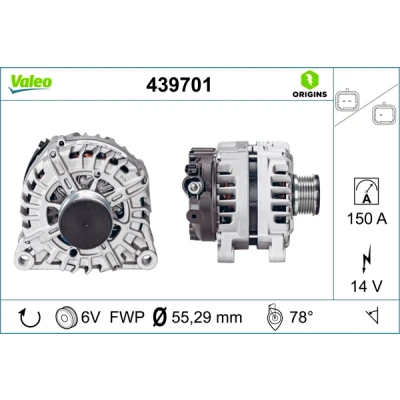 Obrázek VALEO 439701 Generátor Nabíjecí proud generátoru: 150 Amp Žebra: 6 žebrovaných řemenic Ø: 55 mm Napětí: 14 V Směr otáčení: CLOCKWISE
