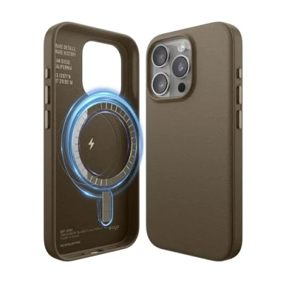 Obrázek elago Magnetické kožené pouzdro kompatibilní s iPhone 15 Pro, MagSafe, prémiová veganská PU kůže, integrované silné magnety, kompletní ochrana [5vrstvá struktura] (hnědá)