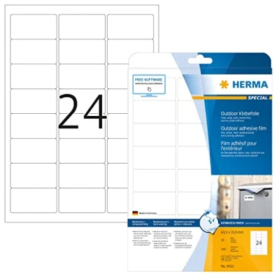 Obrázek HERMA 9532 fóliové etikety odolné proti povětrnostním vlivům, 10 listů, 63,5 x 33,9 mm, 24 archů A4, 240 kusů, samolepicí, potištěné, matné, prázdné venkovní lepicí nálepky z polyetylénu, bílé