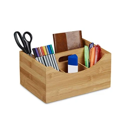 Obrázek Relaxdays organizér na psací stůl, bambus, kyblík tužky, 4 přihrádky, rukojeť, přirozená textura, v x š h: cca12 25 18 cm, přírodní