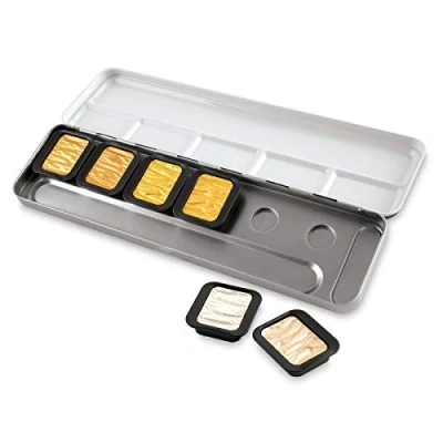 Obrázek Finetec K F0601S barevná miska 30 x 22 mm perleťové barvy klasická kovová krabička, arabská guma, pigmenty, kov, 6 kusů (1 ks), stříbrná