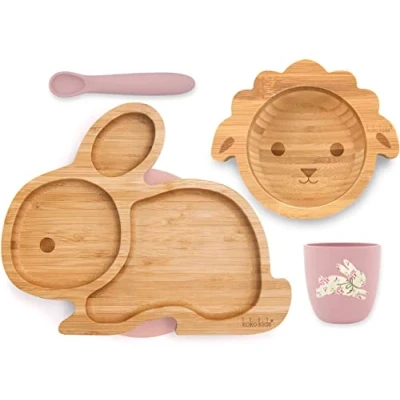 Obrázek Koko Kids® Bamboo and Silicone Feeding Set Rabbit Suction Plate, Bowl Bowl, Cup Spoon (růžová)
