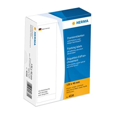 Obrázek HERMA 4330 frankovací etikety pro stroje, 130 x 40 mm, 500 kusů, samolepicí, matné, jednotlivé, papírové frankierské samolepicí nálepka s vytahovacím poutkem, bílá