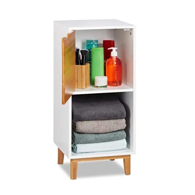 Obrázek Relaxdays Stojanový regál bílý, odkládací skříňka z MDF a bambusu, do obývacího pokoje, skandinávský, V x 32 30 cm, bílá, 2 police