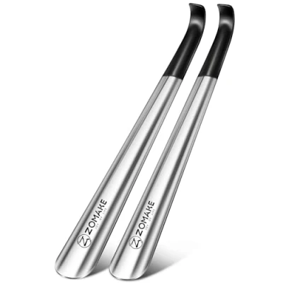 Obrázek ZOMAKE lžíce na boty kovová délka 42 cm, dlouhé nazouváky bot ušlechtilá ocel Shoe Horn Set 2 dlouhá stabilní s černým pouzdrem kozačky (stříbrné)