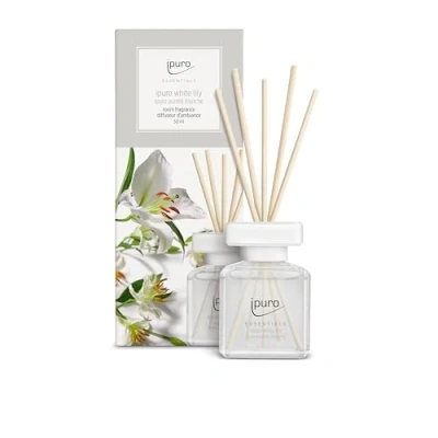 Obrázek ipuro Essentials pokojová vůně White Lily 50 ml osvěžovač prostoru s broskví, konvalinkou, jasmínem, hřebíčkem, vůní bílého pižma a cedrového dřeva difuzér tyčinkami vzduchu do
